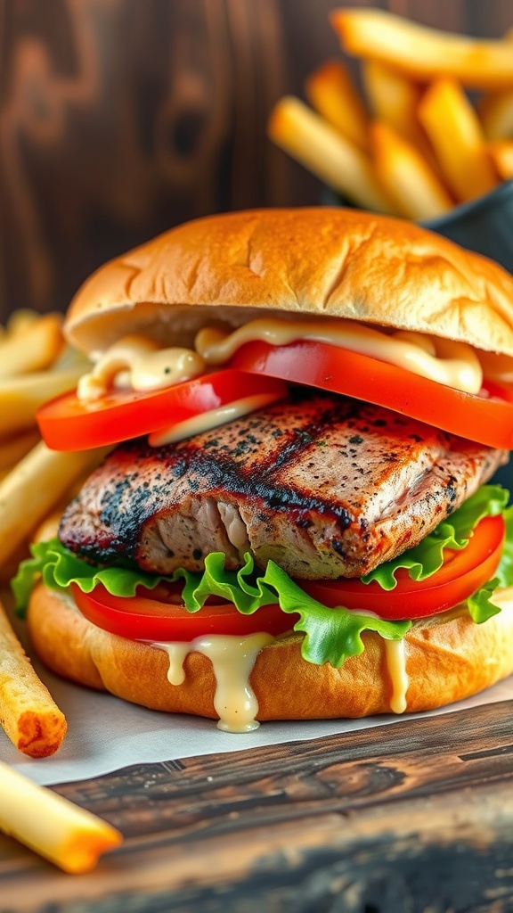 A spicy blackened tuna sandwich with lettuce and tomato, served with remoulade sauce and fries.